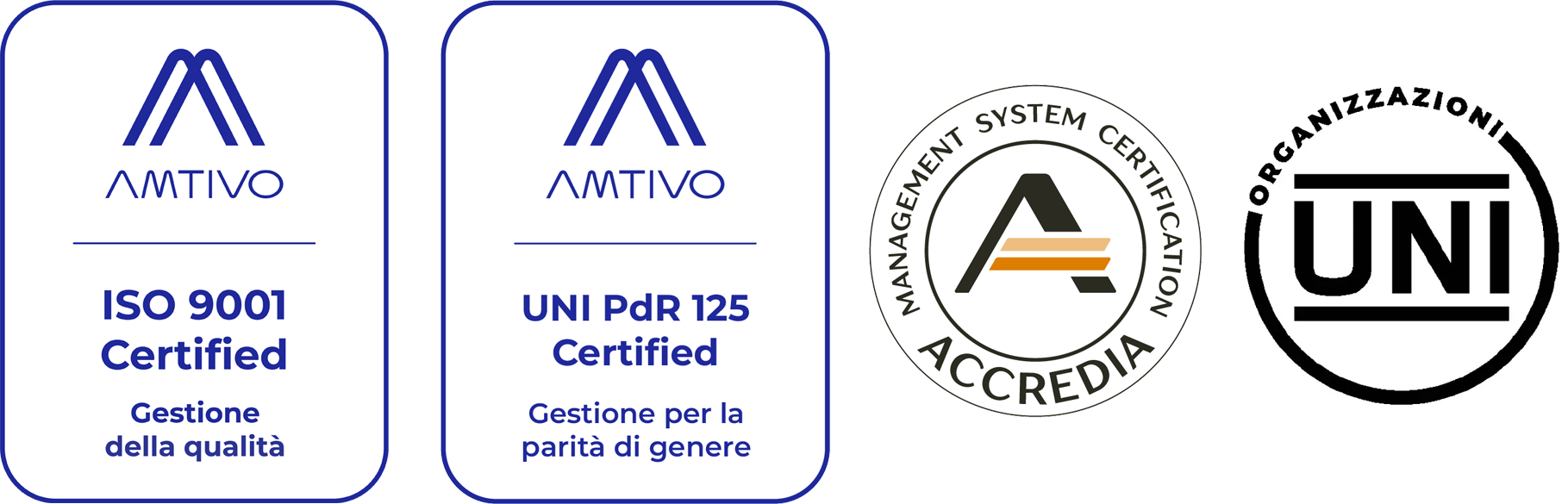 Certificazioni: ISO 9001 gestione della qualità, UNI PdR 125 gestione per la parità di genere, Accredia, UNI